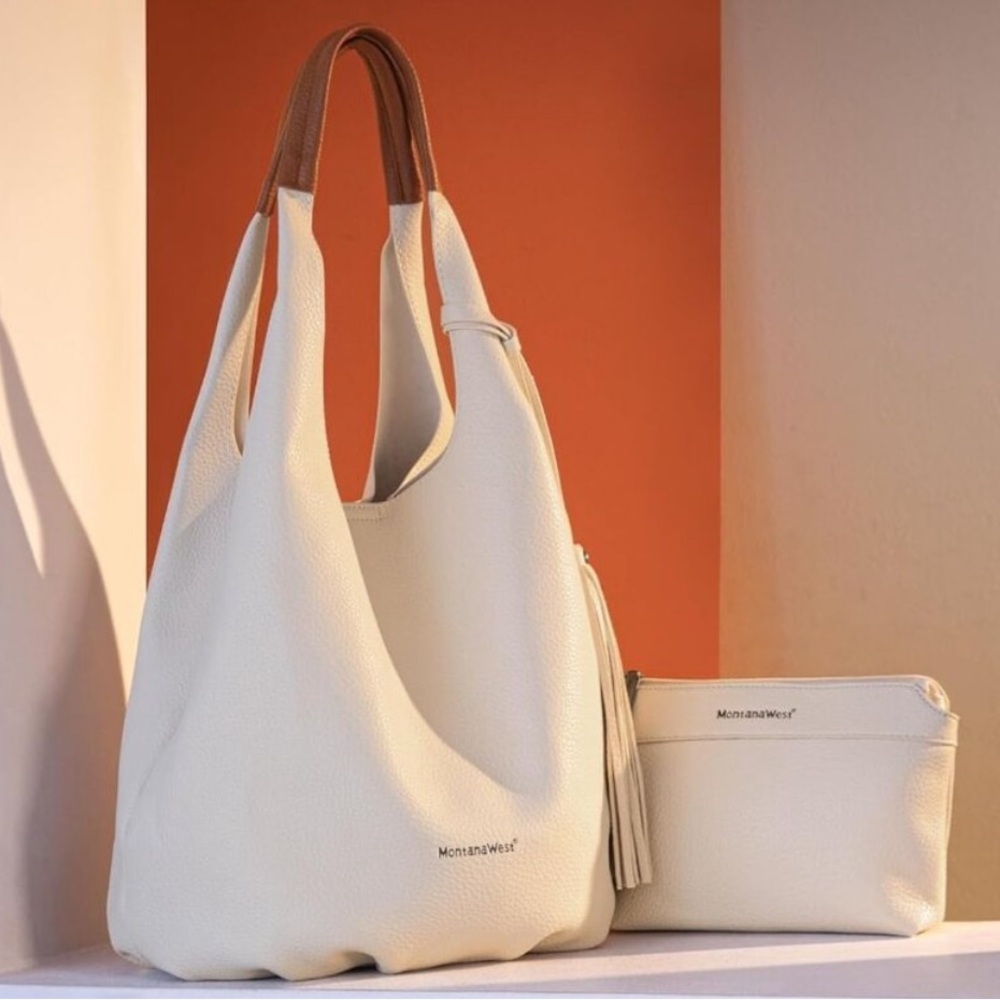 LEATHER SLOUCHY SHOULDER Hobo Bag for Women 2PCS w/ & Cosmetic BAG *NEW*